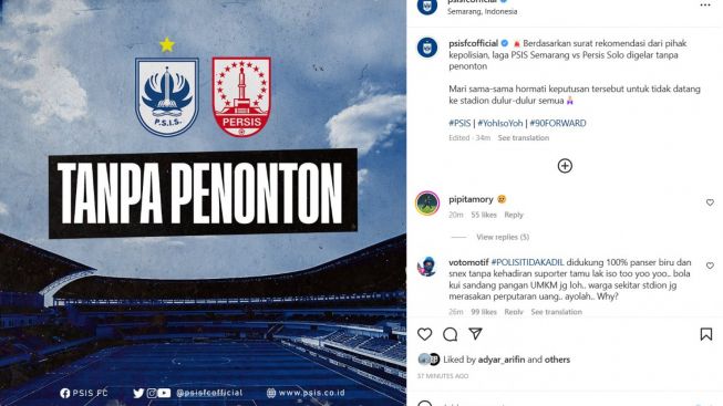 Polisi Tak Izinkan Ada Penonton di Laga PSIS Vs Persis, Netizen: Terus Oleh Pemasukan Soko Ndi Klubku Pak?