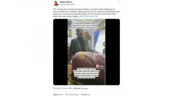 Mahfud MD Bagikan Video Penganiayaan, Anak-anak Dihajar Pengasuh Panti Asuhan, hingga Ucapan Kata-kata Kotor