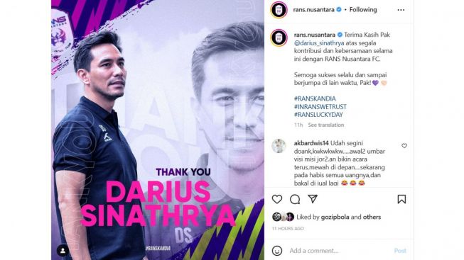 Darius Sinathrya Mundur dari Rans Nusantara FC, Netizen Beri Komentar Menohok: Udah Segini Doank?