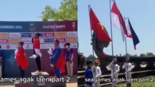 Pengibaran Bendera Pemenang SEA Games Kamboja Dipegang Manusia