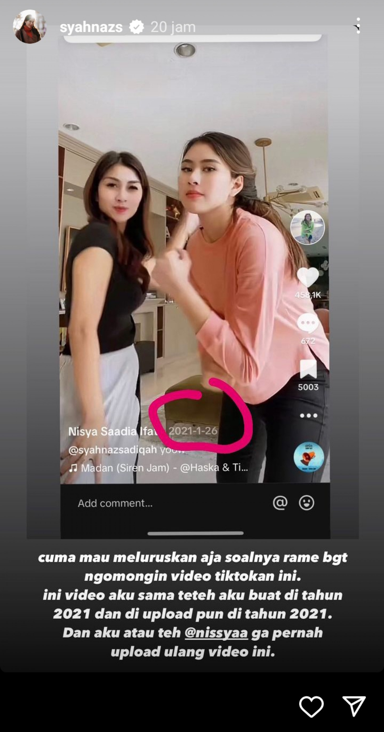 Klarifikasi Syahnaz Sadiqah Soal Video TikToknya