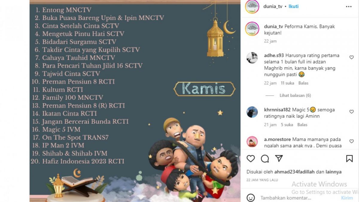 Rating Ikatan Cinta (Instagram @dunia_tv)