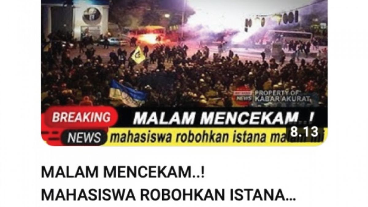 Unggahan video hoaks yang menyatakan bahwa mahasiswa merobohkan istana negara karena menolak pengesahan Perppu Ciptaker. Faktanya, video dengan narasi tersebut tidak sesuai. (YouTube)