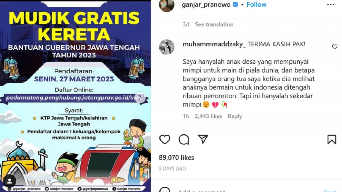 Komentar pemain Timnas Indonesia U-20 Muhammad Dzakky di akun Instagram Gubernur Jawa Tengah Ganjar Pranowo. [tangkap layar Instagram/@ganjar_pranowo]