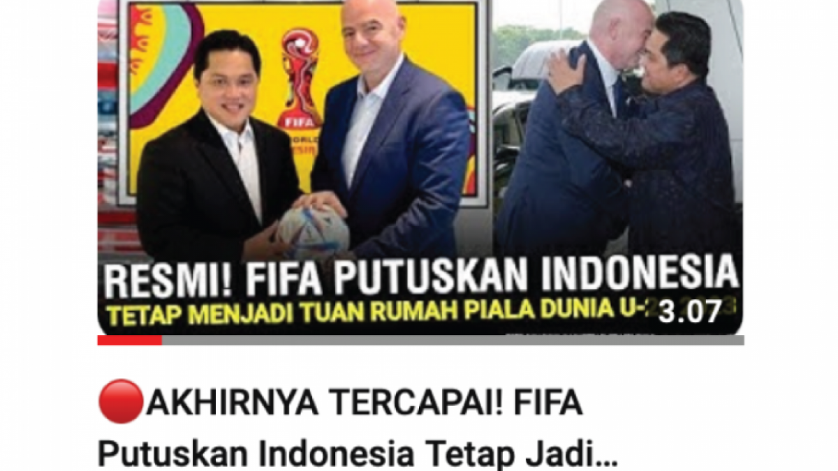 Unggahan hoaks yang menyatakan Indonesia tetap menjadi tuan rumah Piala Dunia U-20 2023 (YouTube)