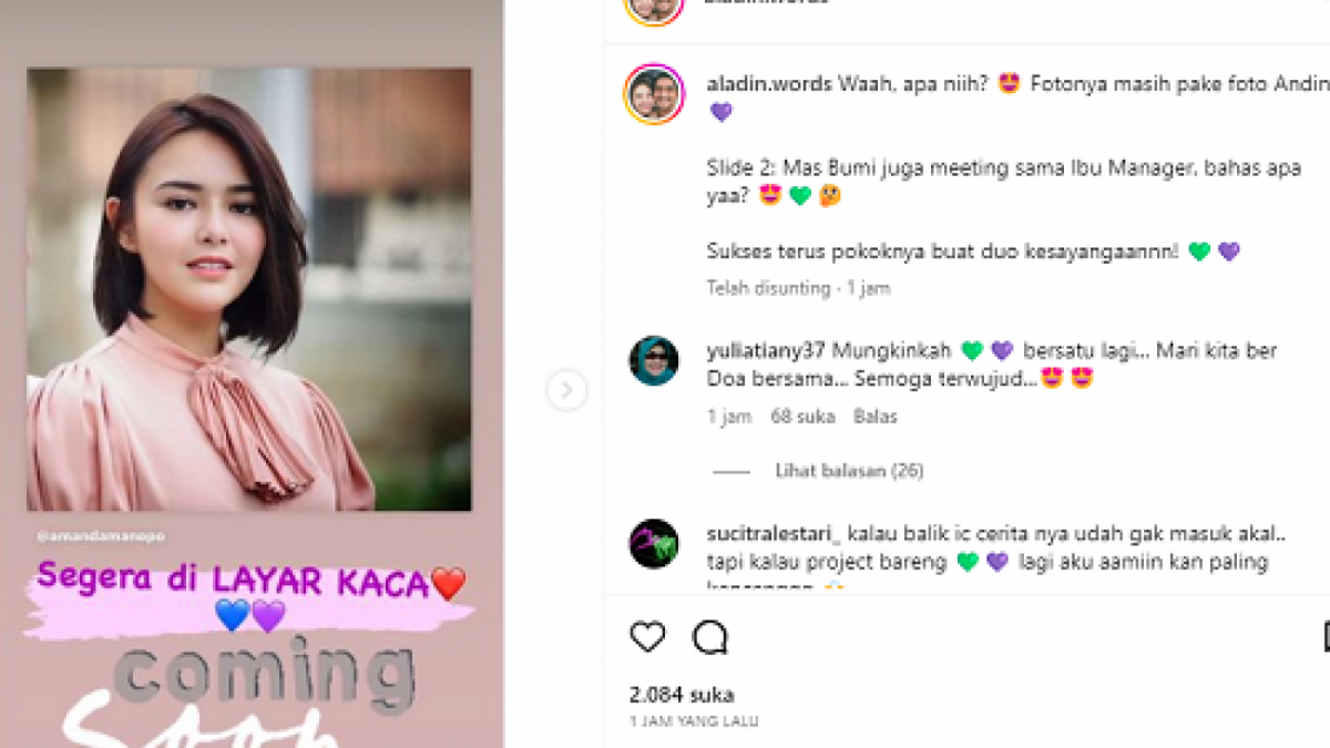Postingan akun Instagram @aladin.words, Amanda Manopo segera hadir di layar kaca.