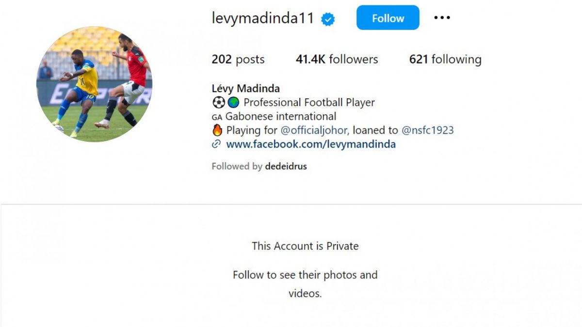 Akun Instagram Levy Madinda tiba-tiba dikunci. Setelah dikenalkan Persib, pemain asal Gabon itu panen pengikut Instagram. [Tangkap layar Instagram/@levymadinda11]