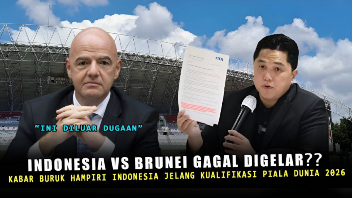 Thumbnail video menarasikan seolah laga kualifikasi Piala Dunia 2026 antara Indonesia vs Brunei batal digelar. [YouTube]