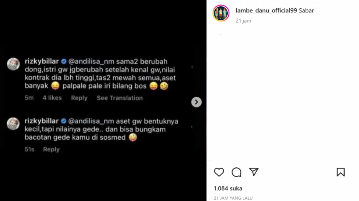 Tangkapan layar komentar Rizky Billar [instagram/lambe_Danu_official99]