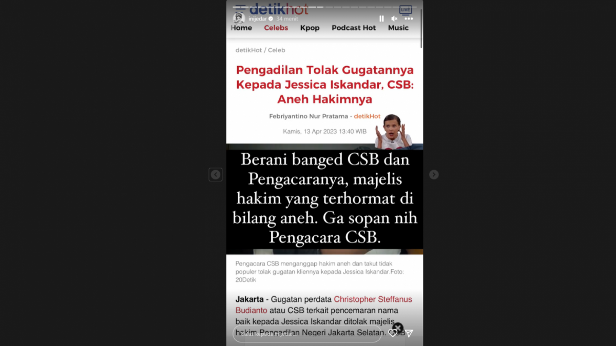 Cuplikan layar Instagram story Jessica Iskandar [instagram/inijedar]