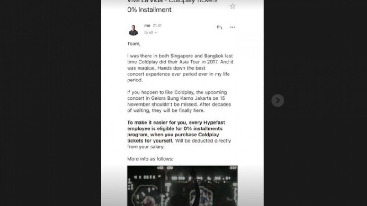 CEO Kasih Cicilan 0% ke Karyawan Untuk Beli Tiket Konser Coldplay [(Instagram)]