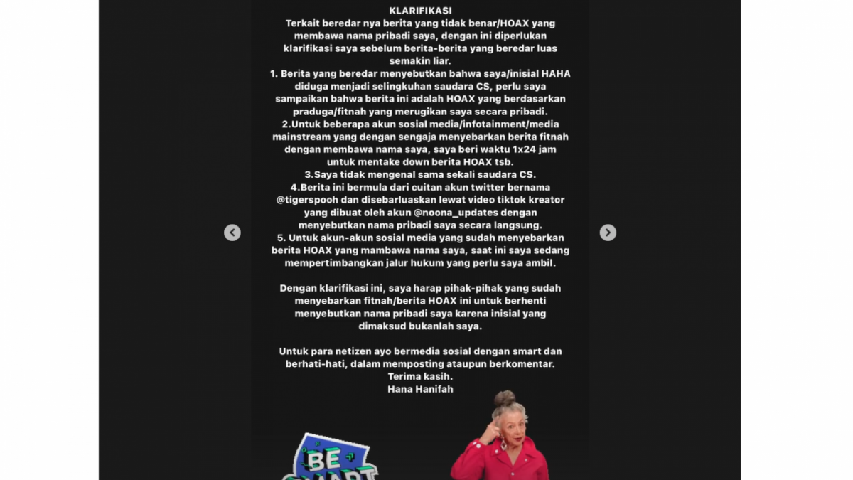 klarifikasi hana hanifah [instagram/hanaaaast]