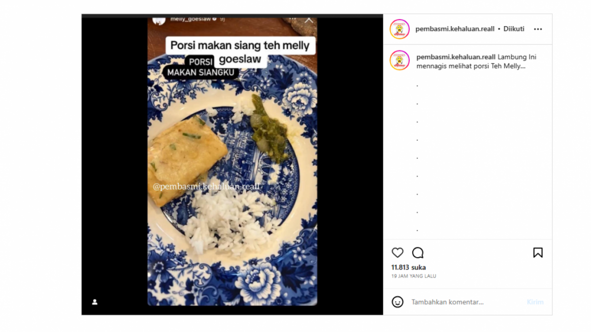 Tangkapan layar porsi makan siang Melly Goeslaw [instagram/pembasmi.kehaluan.reall]