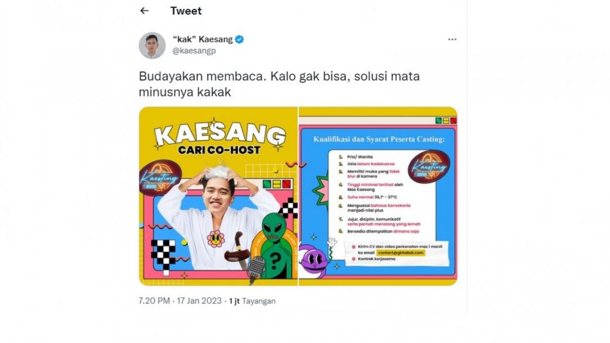 Syarat lowongan pekerjaan co-host Kaesang [Twitter/kaesangp]