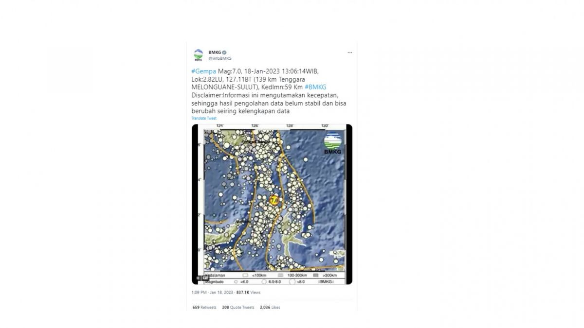 Peringatan Gempa di Sulawesi Utara (Sulut) [Twitter/@infoBMKG]