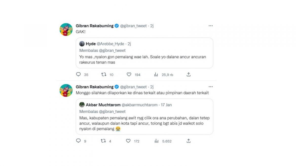 Tanggapan Gibran Rakabuming saat diminta menjadi Wali Kota Pemalang oleh warganet. [(screenshot/Twitter)]