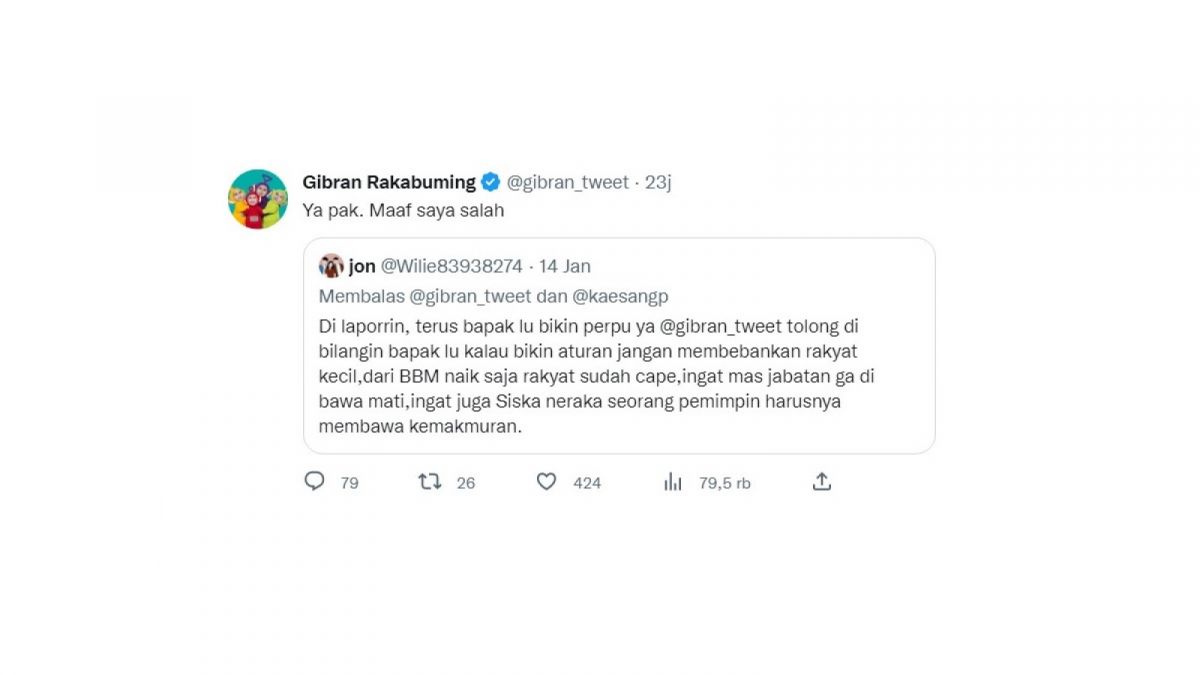 Tweet tanggapan Gibran Rakabuming [(screenshot/Twitter)]