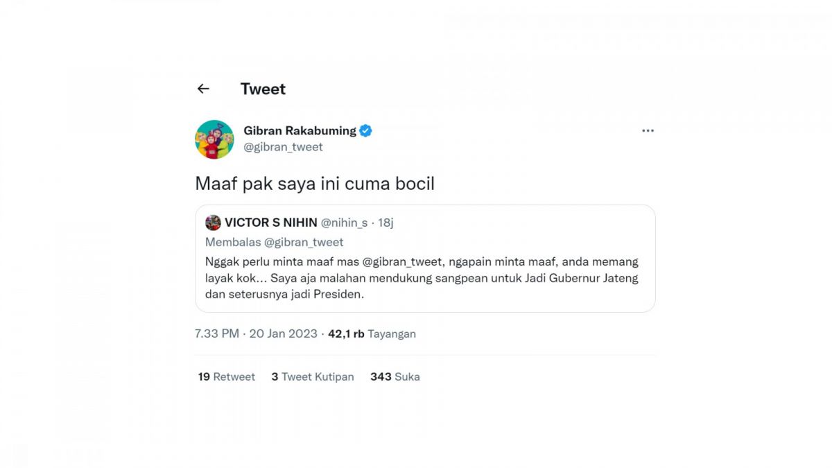 Tanggapan Gibran Rakabuming saat warganet mendukungnya menjadi cagub dan presiden [(screenshot)]
