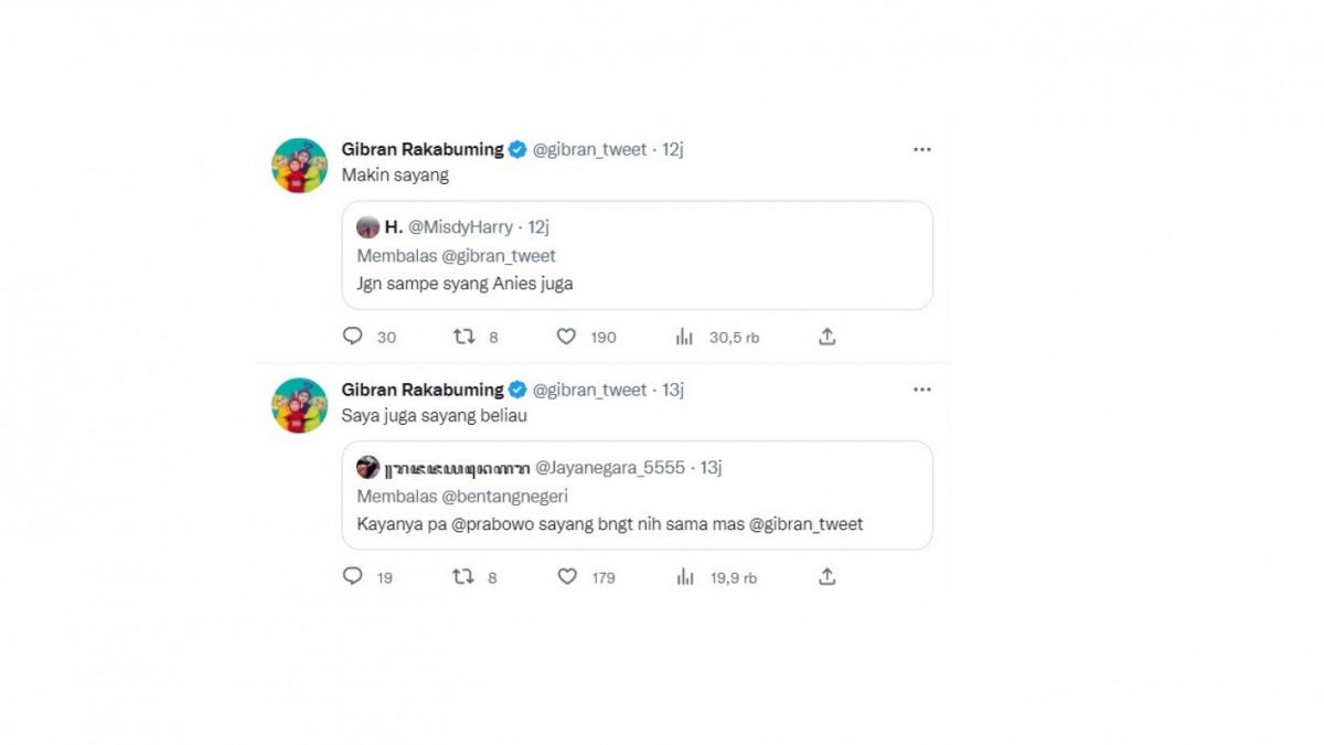 Tangkapan layar tweet Gibran Rakabuming mengaku sayang dengan Prabowo dan Anies. [(screenshot)]