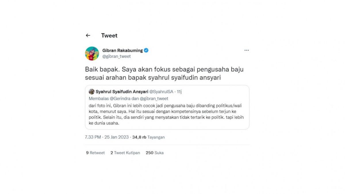 Tweet Gibran Rakabuming soal tanggapan warganet tentang kemeja yang dikenakannya. [(screenshot)]
