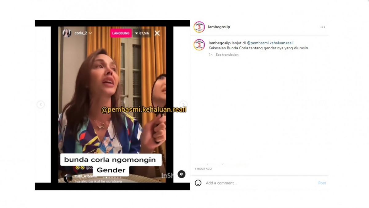 Tanggapan Bunda Corla ketika gendernya dipertanyakan. [(screenshot Instagram/lambegosiip)]