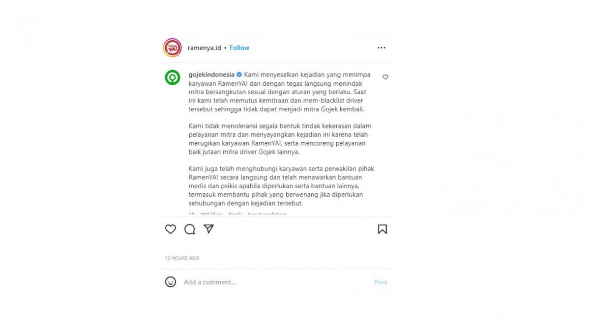 Tanggapan Gojek tentang pemukulan karyawan RamenYa. [(screenshot)]