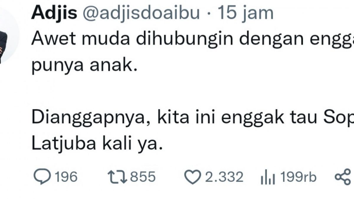 Tweet Adjis Doaibu saat sindir youtuber resep awet adalah tidak punya anak. [Twitter]