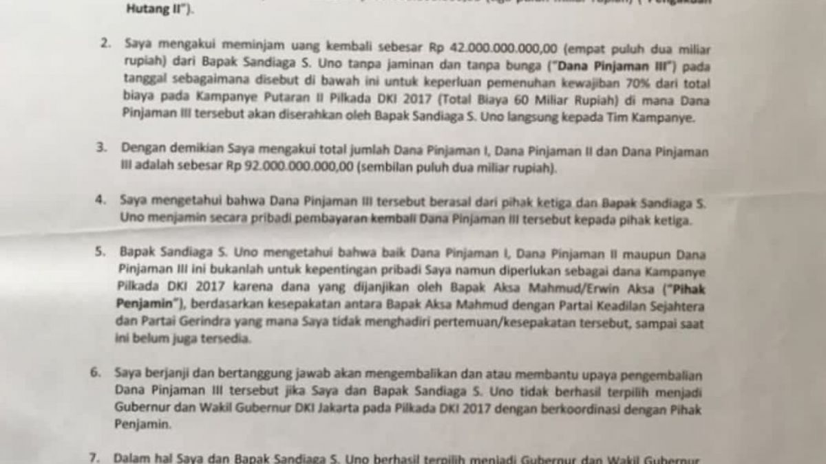 Dokumen yang diklaim sebagai Surat Pernyataan Pengakuan Utang III yang diteken Anies Baswedan. Berutang Rp 92 Miliar ke Sandiaga Uno. [Twitter/Miduki17]
