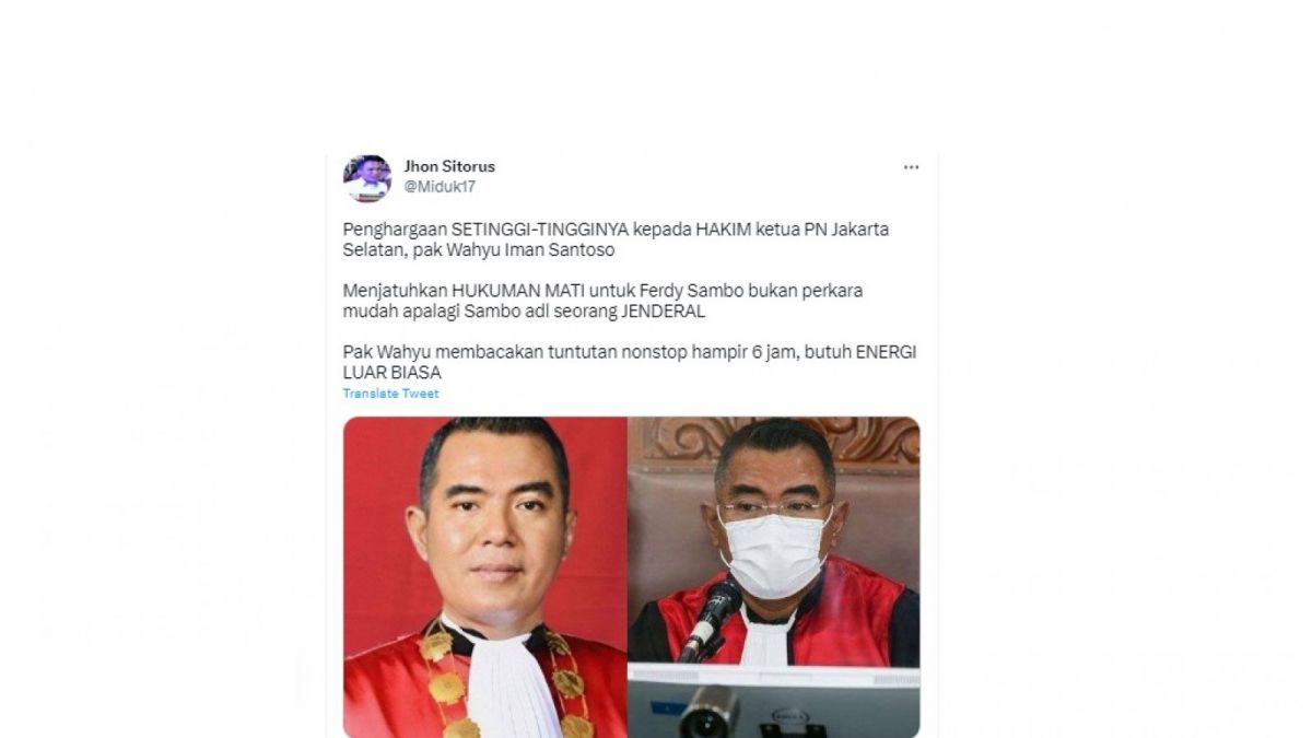 Postingan Hakim Ketua PN Jakarta Selatan, Wahyu Iman Santoso [Twitter]