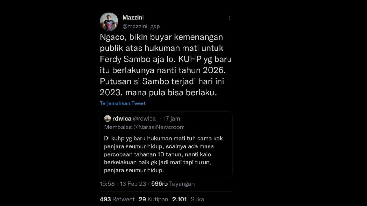 Tweet warganet tentang keputusan vonis mati Ferdy Sambo. [[screenshot]]