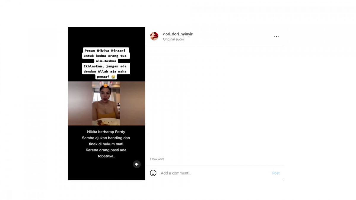 Nikita Mirzani minta orang tua Brigadir J ikhlas. [[screenshot]]