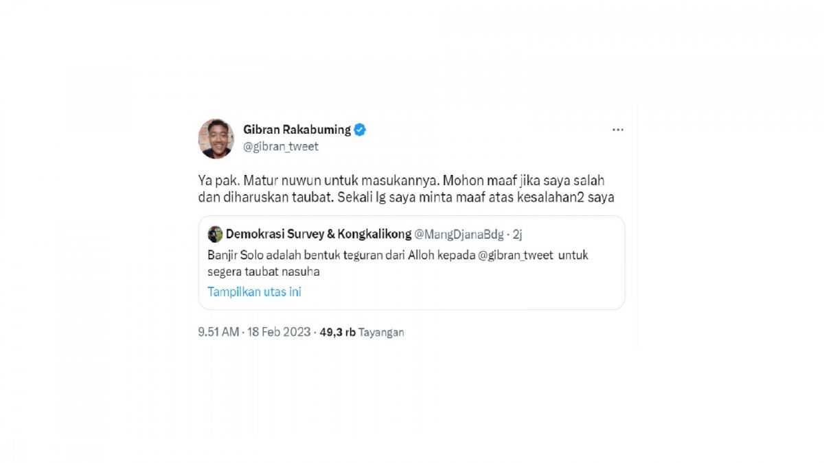 Tweet Gibran Rakabuming tentang banjir Solo. [[screenshot]]
