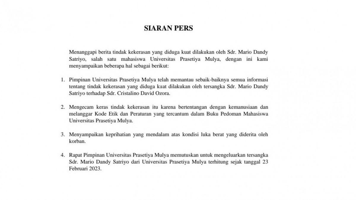 Siaran pers yang dikeluarkan Universitas Prasetiya Mulya terhadap Mario Dandy Satriyo. [[Instagram/prasmul]]