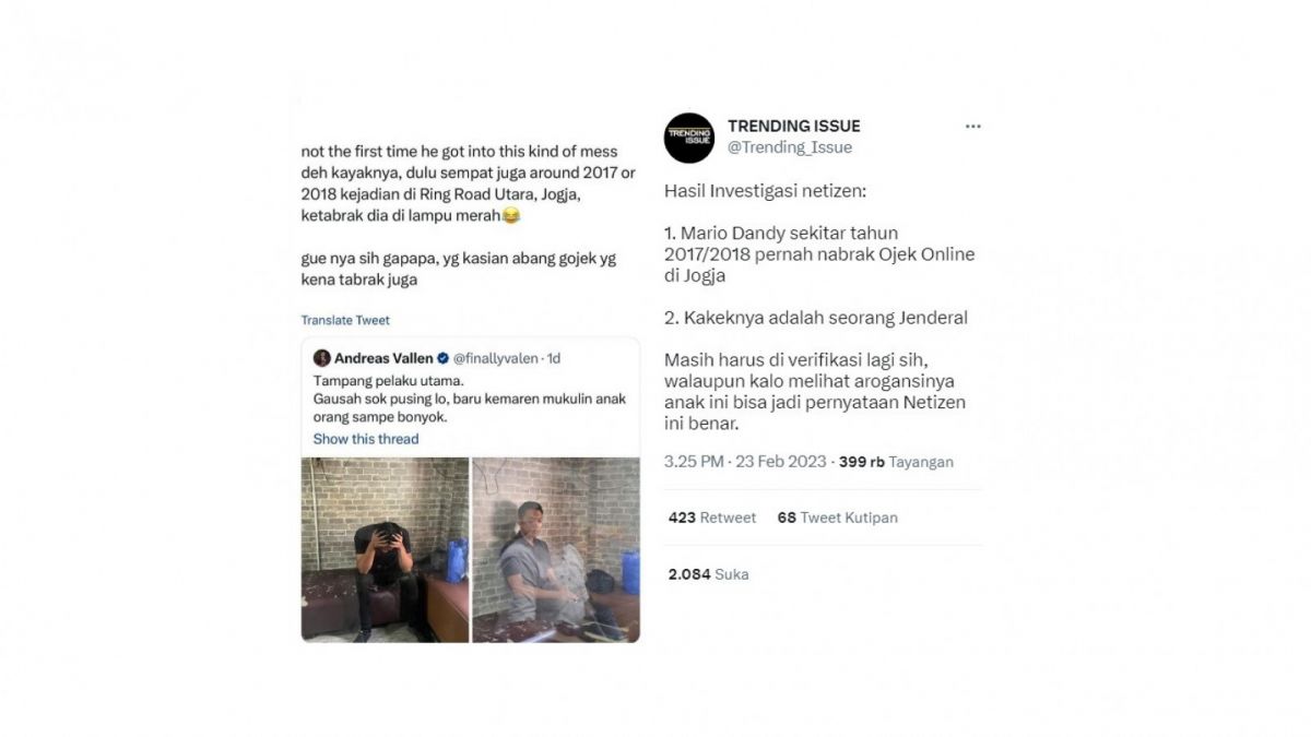 Warganet ungkap Mario Dandy diduga pernah tabrak ojol. [[screenshot]]