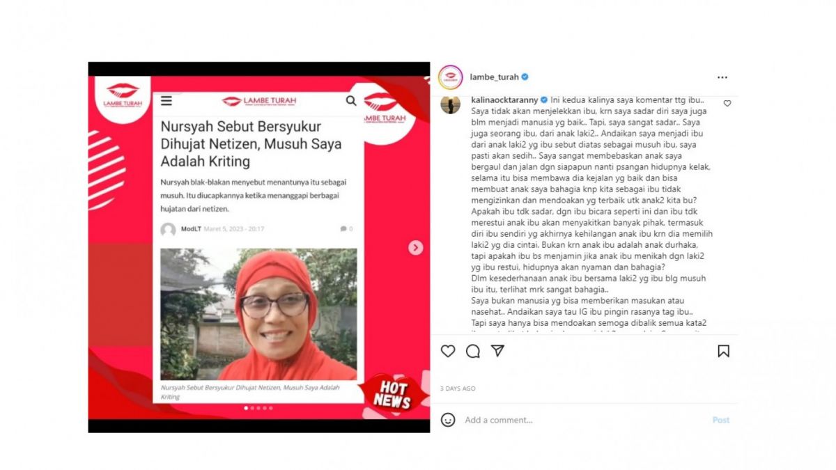 Komentar Kalina Oktarani terkait ibu Indah Permatasari. [[screenshot]]