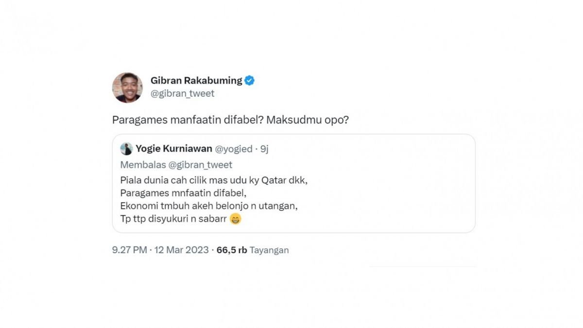 Cuitan Gibran Rakabuming terkait ASEAN Para Games. [[Screenshot]]