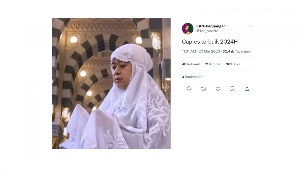 Unggahan foto Puan Maharani mengenakan mukena. [[Twitter/Tan_Mar3M]]
