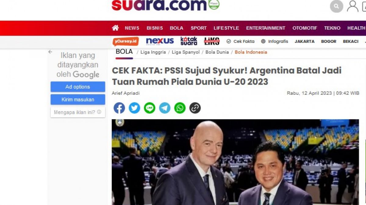 Artikel CEK FAKTA Suara.com yang disalahgunakan oleh akun YouTube Opiek Sport [[screenshot laman Suara.com, CEK FAKTA].]