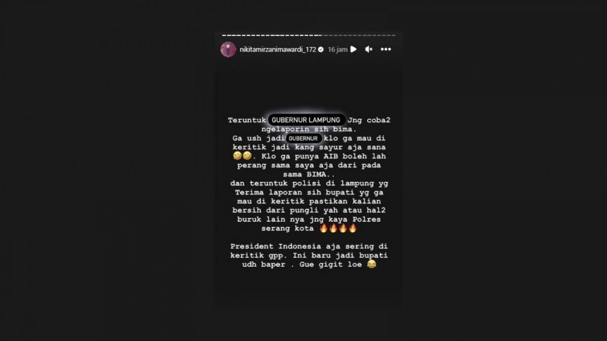 Unggahan Instagram Stories Nikita Mirzani. [[Screenshot]]