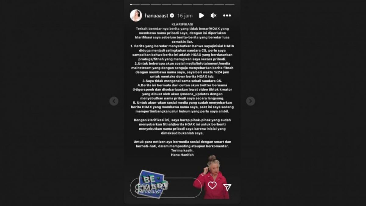 Klarifikasi Hana Hanifah. [Instagram/@hanaaaast]