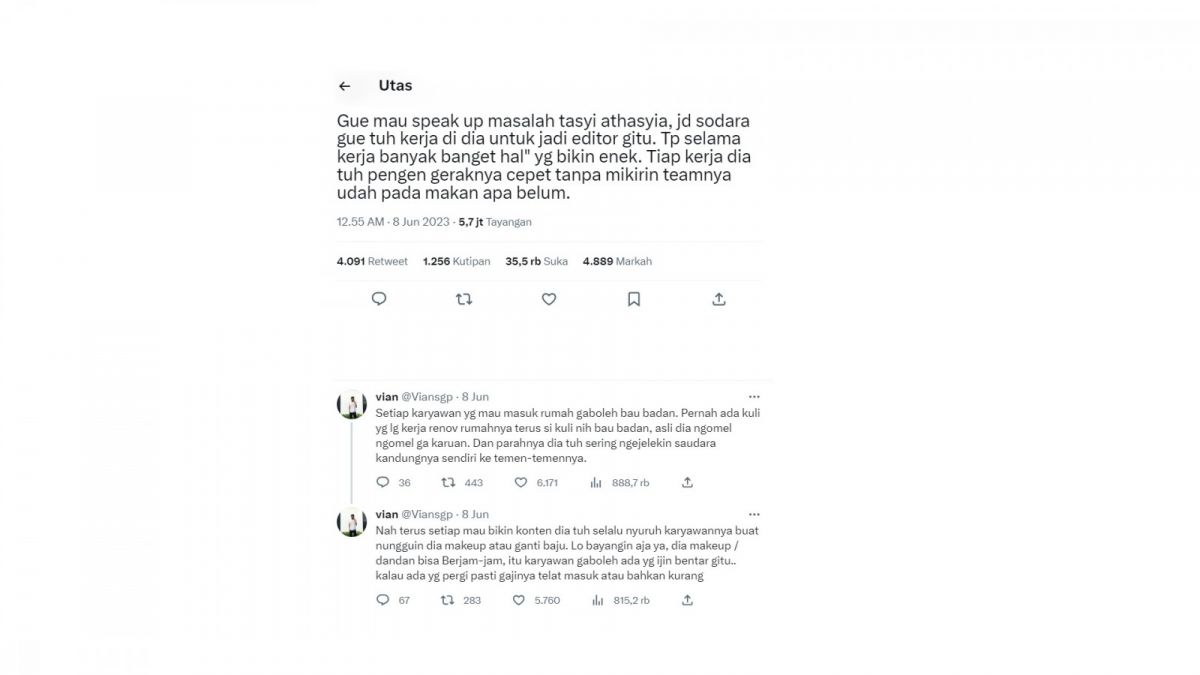 Curhatan warganet tentang Tasyi Athasyia. [[Screenshot]]