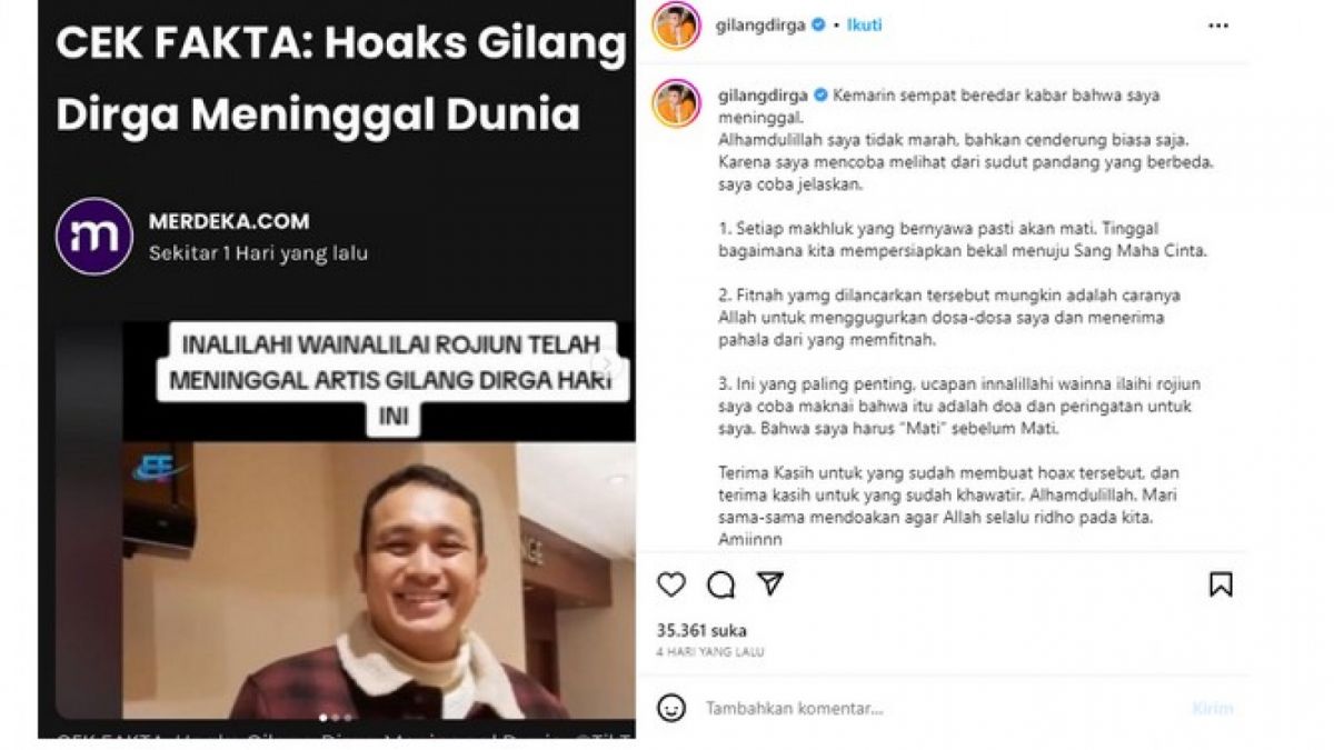 CEK FAKTA, ini tulisan Gilang Dirga soal klarifikasi ia dikabarkan meninggal. Pengunggah video bakal kapok? [[screenshot Turnbackhoax.id]]