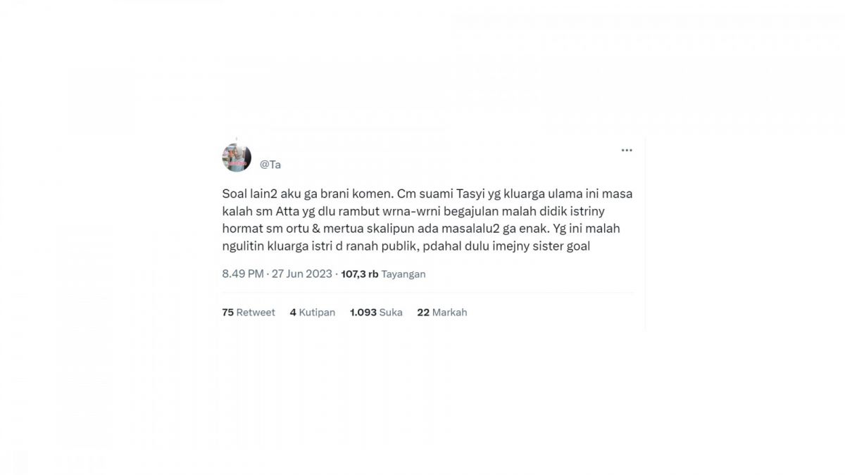 Cuitan warganet tentang suami Tasyi Athasyia. [screenshot]