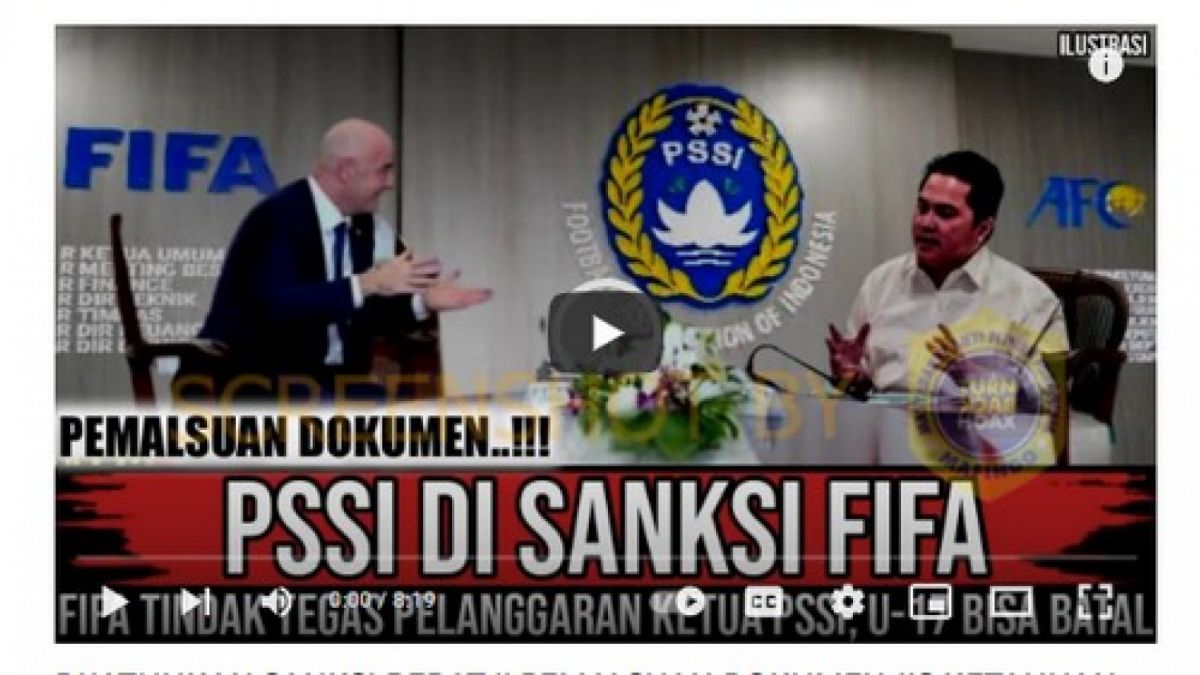 Video ini memberikan informasi salah soal FIFA memberikan sanksi kepada PSSI tentang pemalsuan dokumen JIS [[screenshot Turnbackhoax.id].]