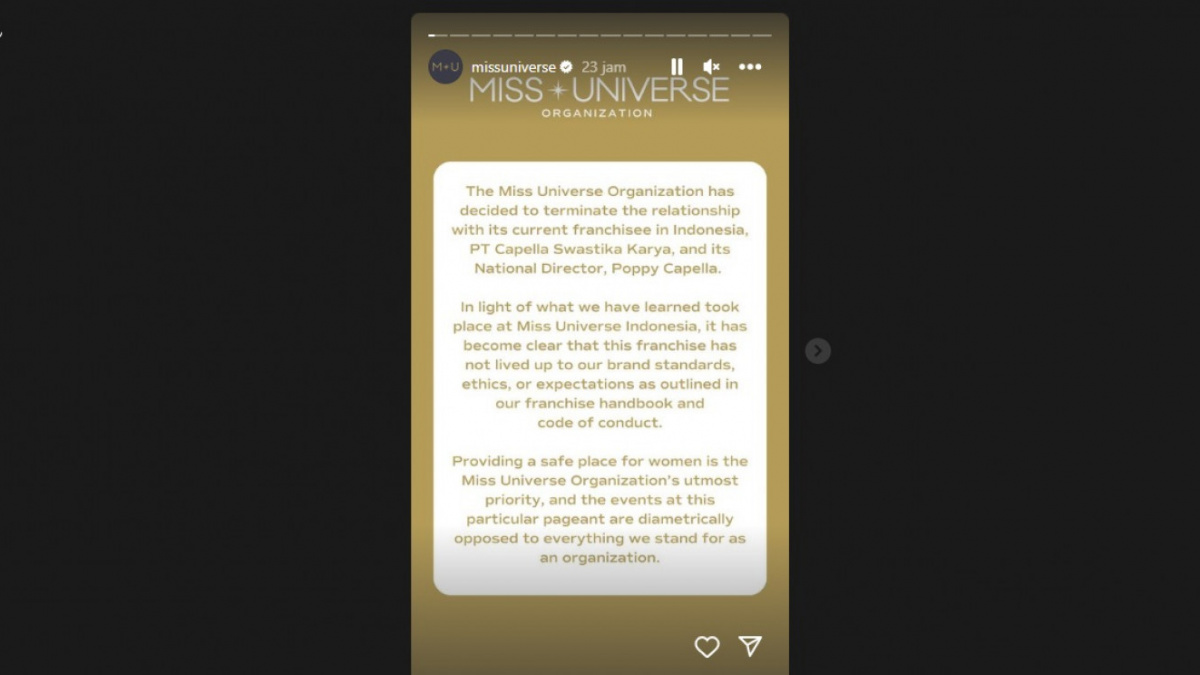 Postingan pemutusan kontrak Miss Universe Indonesia [(Instagram Stories)]