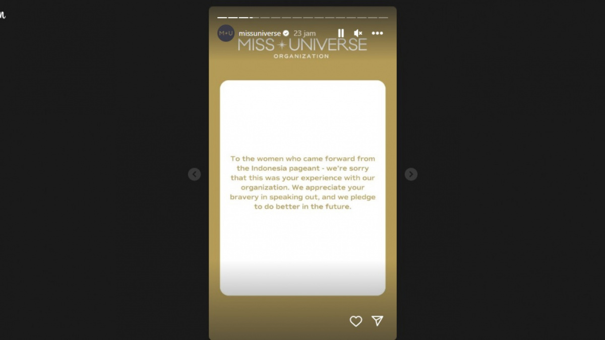 Postingan pemutusan kontrak Miss Universe Indonesia [(Instagram Stories)]