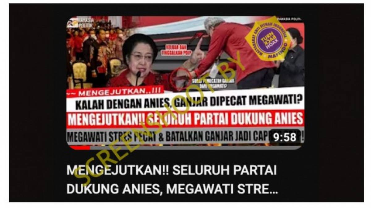 Video tidak benar (X) tentang informasi pemecatan Ganjar Pranowo oleh Megawati Soekarnoputri [[screenshot YouTube].]