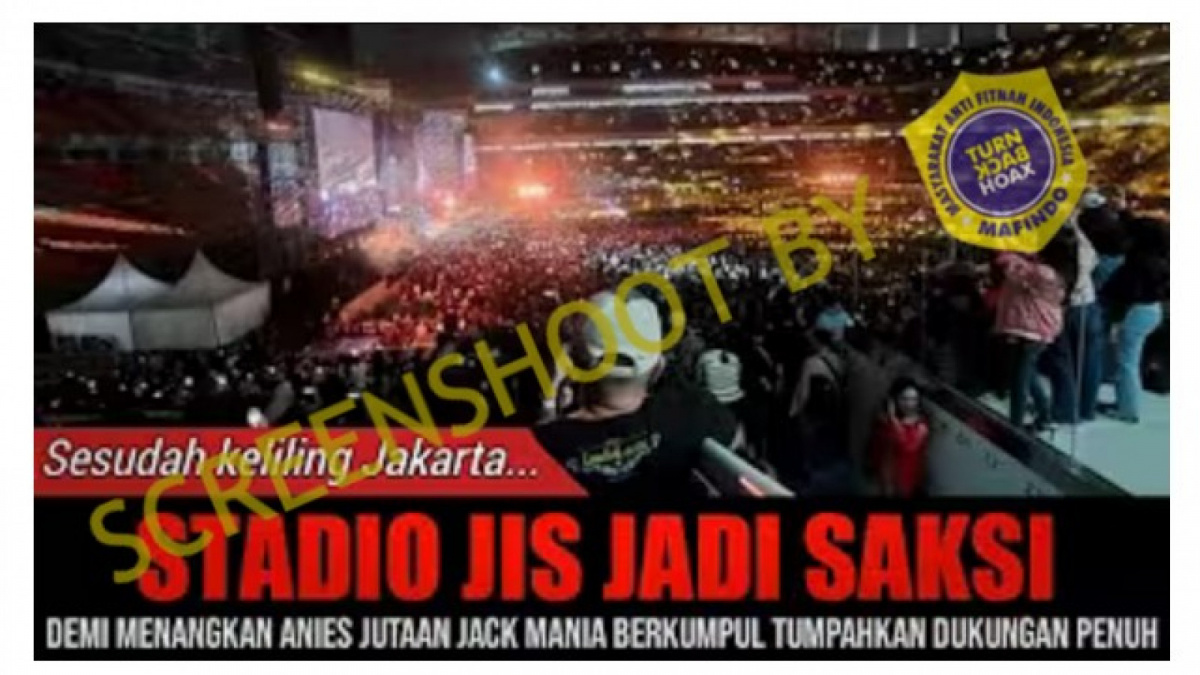 Video berisi informasi salah (X) tentang JIS digunakan pencinta Persija atau Jakmania dukung Anies Baswedan [[screenshot YouTube].]