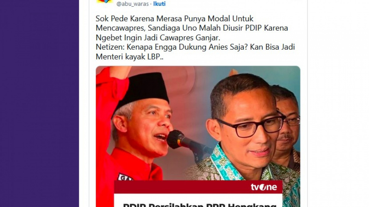Cuitan di Twitter yang salah (X) soal pengusiran Sandiaga Uno oleh PDIP [[screenshot Twitter].]