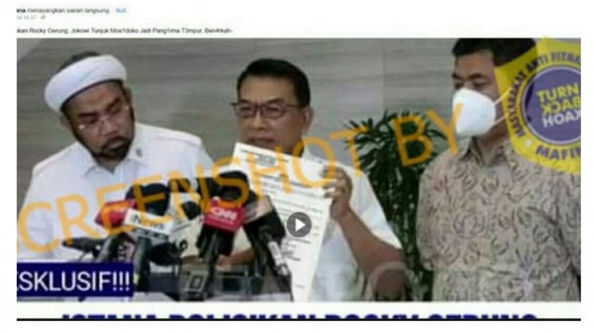 Video salah (X) tentang KSP Moeldoko ditunjuk jadi panglima tempur dan Rocky Gerung dilaporkan kepada Polisi [[screenshot YouTube].]